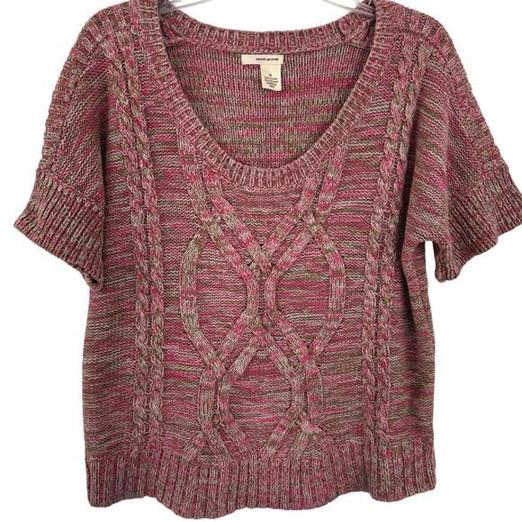 DKNY Jeans Women Cable Knit Short Sleeve Sweater Preppy Coastal Boho Pink Medium - Picture 1 of 6
